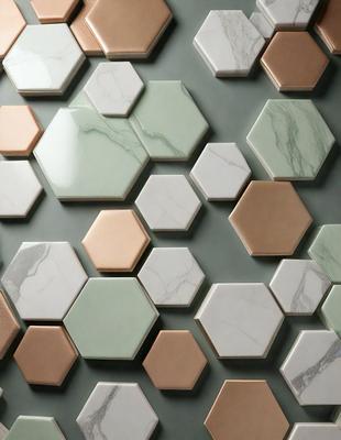 The primary subject of the image is a wall with a pattern of hexagonal tiles. The setting is a room with a grey background. The visual style is a photo of the wall, showcasing the intricate design of the tiles. The dominant colors are grey and white, creating a clean and modern atmosphere.