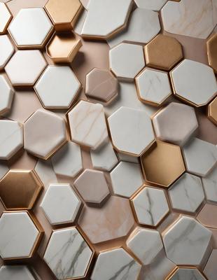 The primary subject of the image is a wall with a pattern of hexagonal tiles. The setting is a room with a pink background. The visual style is a photo of the wall, showcasing the intricate design of the tiles. The dominant colors are pink and white, creating a warm and inviting atmosphere.