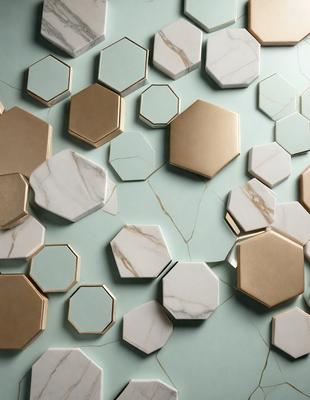 The primary subject of the image is a wall covered in a pattern of hexagonal tiles. The setting is a room with a blue background, and the visual style appears to be a combination of a photo and digital art. The dominant colors are white and blue, creating a clean and modern atmosphere.