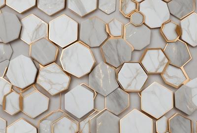The primary subject of the image is a marble wall with a pattern of hexagonal shapes. The setting is a room with a white marble wall, and the visual style is a close-up of the marble wall. The dominant colors are white and gold, giving the wall a luxurious and elegant appearance.