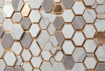 The primary subject of the image is a marble wall with a hexagonal pattern. The setting is a bathroom, and the visual style is a photo. The dominant colors are white and gold, creating a luxurious and elegant atmosphere.