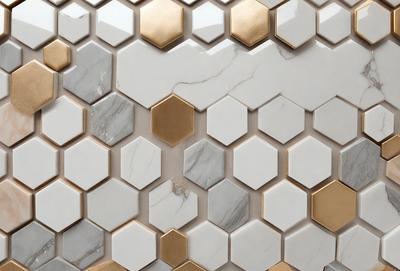 The primary subject of the image is a marble wall with a gold pattern. The setting is a room with a white tile floor. The visual style is a close-up of the marble wall, showcasing the gold pattern. The colors and mood of the image are predominantly white and gold, giving it a luxurious and elegant appearance.