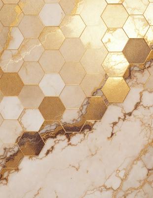 The primary subject of the image is a marble wall with a gold pattern. The setting is a room with a marble surface, and the visual style is a close-up of the marble wall. The colors and mood of the image are predominantly gold and marble, giving it a luxurious and elegant appearance.