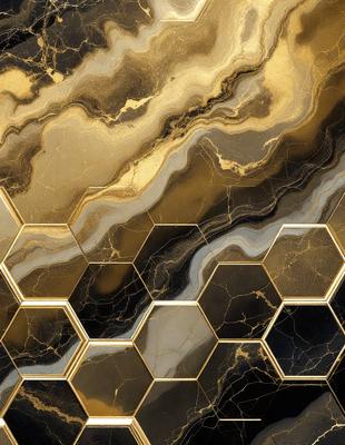 The primary subject of the image is a marble tile with a gold and black pattern. The setting is a wall, and the visual style is a close-up of the tile. The dominant colors are gold and black, creating a luxurious and elegant atmosphere.