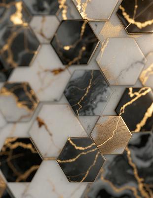 The primary subject of the image is a marble tile with a gold pattern. The setting is a bathroom, and the visual style is a photo. The dominant colors are gold and black, creating a luxurious and elegant atmosphere.
