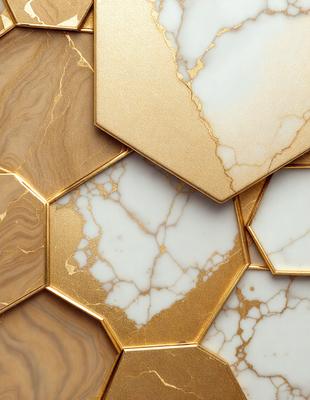 The primary subject of the image is a gold and white marble tile. The setting is a wall with a pattern of hexagonal tiles. The visual style is a close-up of the tiles, showcasing their intricate design. The colors and mood of the image are elegant and sophisticated, with the gold and white tiles creating a luxurious and timeless atmosphere.