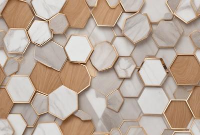 The primary subject of the image is a wall with a pattern of hexagonal shapes made of marble. The setting is a room with a white marble wall, and the visual style is a close-up of the marble pattern. The colors and mood of the image are predominantly white and neutral, giving it a clean and elegant appearance.