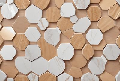 The primary subject of the image is a wall with a pattern of white and brown tiles. The setting is a room with a wooden surface, and the visual style appears to be a combination of a photo and digital art. The dominant colors are white and brown, creating a warm and inviting atmosphere.