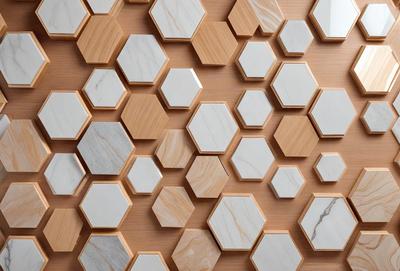 The primary subject of the image is a wall with a pattern of hexagonal tiles. The setting is a room with a wooden surface, and the visual style is a combination of photo and digital art. The dominant colors are white and brown, creating a warm and inviting atmosphere.