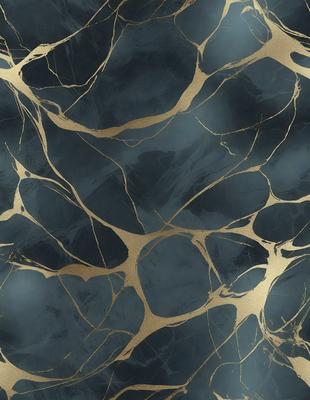 The primary subject of the image is a black and gold marbled wallpaper. The setting is a dark room with a black background. The visual style is a close-up of the wallpaper, showcasing its intricate design. The colors and mood of the image are dark and moody, with the gold accents adding a touch of warmth to the overall atmosphere.