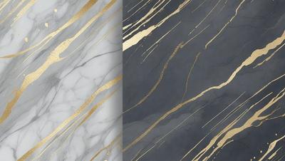 The primary subject of the image is a marble countertop with gold accents. The setting is a kitchen, and the visual style is a combination of a photo and digital art. The countertop features a gold and white pattern, and the overall atmosphere is elegant and sophisticated.