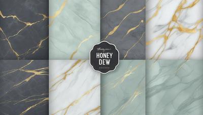 The primary subject of the image is a collection of marble tiles with gold accents. The setting is a bathroom, as indicated by the presence of the tiles. The visual style is a combination of digital art and illustration, creating a unique and eye-catching design. The dominant colors are gold and white, giving the tiles a luxurious and elegant appearance. The overall atmosphere is sophisticated and elegant, reflecting the high-quality materials and craftsmanship used in the tiles.