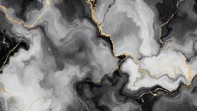 The primary subject of the image is a black and white marble-like surface with gold accents. The setting is a stone-like background, and the visual style appears to be a combination of a photo and digital art. The dominant colors are black, white, and gold, creating a mood of elegance and sophistication.