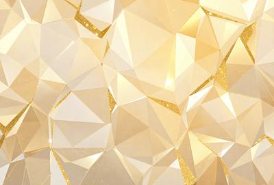 The primary subject of the image is a wall with a gold and white geometric pattern. The setting is a room with a white background. The visual style is a combination of digital art and illustration. The dominant colors are gold and white, creating a warm and elegant atmosphere.
