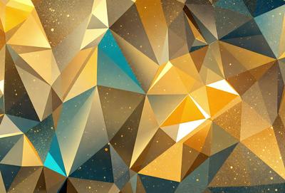 The primary subject of the image is a geometric pattern, featuring a combination of gold, blue, and yellow colors. The setting is a dark background, which contrasts with the bright colors of the pattern. The visual style appears to be a digital art or illustration, as the pattern is intricate and well-defined. The overall atmosphere of the image is vibrant and eye-catching, with the gold, blue, and yellow colors creating a sense of warmth and energy.