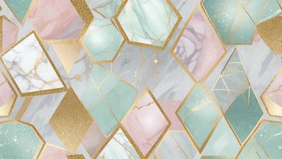 The primary subject of the image is a marble-like pattern with gold accents. The setting is a white marble wall, and the visual style is a combination of digital art and illustration. The dominant colors are gold, white, and pink, creating a luxurious and elegant atmosphere.
