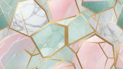 The primary subject of the image is a marble pattern with gold accents. The setting is a marble wall, and the visual style is a combination of photo and digital art. The dominant colors are gold, pink, and green, creating a warm and inviting atmosphere.