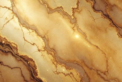 The primary subject of the image is a marble surface with a gold-like color. The setting is a room with a marble wall, and the visual style is a close-up of the marble surface. The colors and mood of the image are warm and luxurious, with the gold-like color of the marble creating a sense of sophistication and elegance.