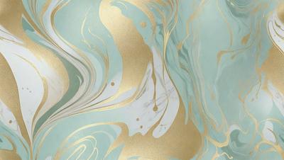 The primary subject of the image is a gold and blue patterned wallpaper. The setting is a room with a blue background, and the visual style is a combination of digital art and illustration. The dominant colors are gold and blue, creating a warm and inviting atmosphere.