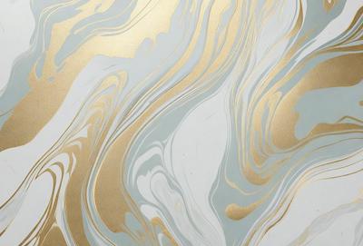 The primary subject of the image is a wall with a gold and blue pattern. The setting is a room with a white background. The visual style is a combination of digital art and illustration. The dominant colors are gold and blue, creating a warm and inviting atmosphere.