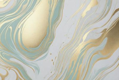 The primary subject of the image is a patterned wallpaper with a gold and blue color scheme. The setting is a room with a white background, which contrasts with the gold and blue wallpaper. The visual style is a combination of digital art and illustration, creating a unique and eye-catching design. The colors and mood of the image are warm and inviting, with the gold and blue hues evoking a sense of luxury and sophistication.