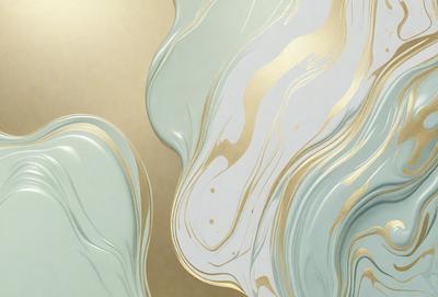 The primary subject of the image is a large, flowing, and swirling design, likely a painting or digital artwork. The setting is a wall, and the visual style appears to be a mix of photo and digital art. The colors and mood of the image are predominantly blue and gold, creating a sense of elegance and sophistication.