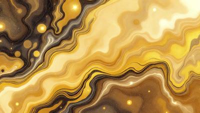 The primary subject of the image is a close-up of a yellow and brown marbled surface, possibly a piece of art or a natural formation. The setting is a dark background, which contrasts with the vibrant colors of the marbled surface. The visual style appears to be a combination of a photo and a digital art or illustration, as the colors and details are well-defined. The dominant colors are yellow and brown, creating a warm and earthy atmosphere.