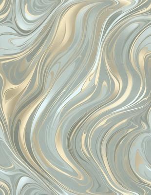 The primary subject of the image is a large, intricate, and shiny wallpaper design. The setting is a room with a white background, which highlights the wallpaper's patterns and colors. The visual style is a combination of digital art and illustration, creating a unique and eye-catching design. The dominant colors are silver, gold, and white, giving the wallpaper a luxurious and elegant appearance.