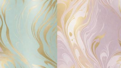 The primary subject of the image is a patterned wallpaper with a gold and purple color scheme. The setting is a room with a wall adorned with the patterned wallpaper. The visual style is a combination of digital art and illustration, creating a unique and eye-catching design. The colors and mood of the image are warm and inviting, with the gold and purple tones evoking a sense of luxury and sophistication.