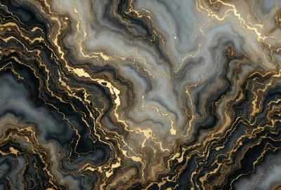The primary subject of the image is a close-up of a marble surface with gold accents. The setting is a dark room, and the visual style appears to be a combination of a photo and digital art. The dominant colors are black, gold, and grey, creating a moody and luxurious atmosphere.