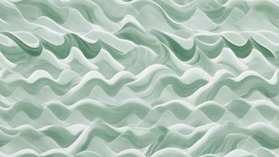 The primary subject of the image is a large, white, and green wave pattern. The setting is a wall, and the visual style appears to be a combination of a photo and digital art. The dominant colors are white and green, creating a calm and soothing atmosphere.