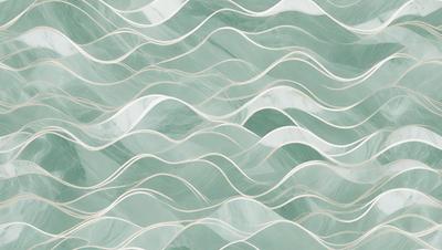 The primary subject of the image is a pattern of waves, which are depicted in a digital art style. The setting is a green and white marbled surface, creating a visually appealing backdrop. The visual style is a combination of digital art and illustration, giving the waves a dynamic and fluid appearance. The dominant colors in the image are green and white, creating a calming and serene atmosphere.