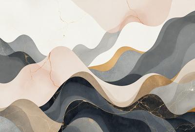 The primary subject of the image is a mountainous landscape, featuring a mountain range with a mix of gray, white, and gold colors. The setting is a mountainous area with a sky background. The visual style of the image is a combination of photo and digital art, creating a unique and artistic representation of the mountain range. The colors and mood of the image are serene and dramatic, with the mountain range serving as a striking focal point.