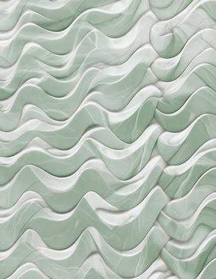 The primary subject of the image is a white marble wall with a pattern of waves. The setting is a room with a green tiled wall, which adds a contrasting color to the scene. The visual style is a combination of a photo and digital art, creating a unique and artistic representation of the marble wall. The dominant colors are white and green, giving the wall a clean and fresh appearance.