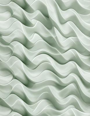 The primary subject of the image is a large, white, wavy wall. The setting is a room with a green background. The visual style is a photo of a textured wall. The dominant colors are white and green, creating a calm and soothing atmosphere.