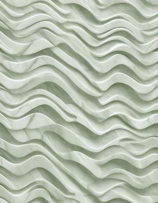 The primary subject of the image is a large, white marble wall with a pattern of waves. The setting is a room with a green background, and the visual style is a photo. The dominant colors are white and green, creating a clean and serene atmosphere.