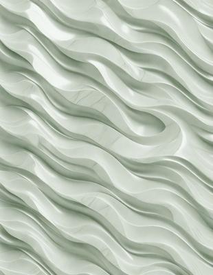 The primary subject of the image is a large, white, and curved wall with a pattern of waves. The setting is a room with a white color scheme, and the visual style appears to be a combination of a photo and digital art. The dominant colors are white and gray, creating a clean and modern atmosphere.