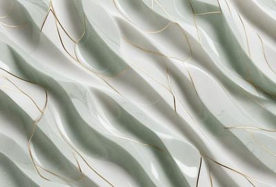 The primary subject of the image is a white and gold wallpaper with a pattern of gold stripes. The setting is a white wall, and the visual style is a close-up of the wallpaper. The colors and mood of the image are predominantly white and gold, creating a sophisticated and elegant atmosphere.