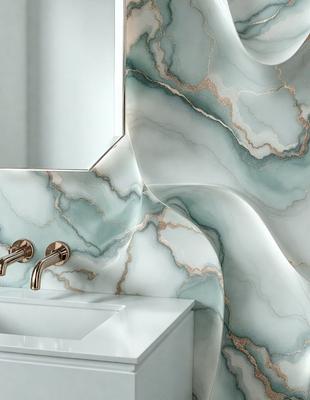 The primary subject of the image is a sink with two faucets, located in a bathroom. The sink is white, and the faucets are gold. The setting is a bathroom with a marble countertop. The visual style is a photo, and the colors and mood are predominantly white and clean.