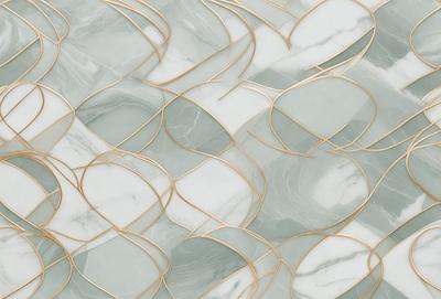 The primary subject of the image is a marble wall with a gold design. The setting is a room with a marble floor. The visual style is a combination of a photo and digital art, creating a unique and intricate pattern. The dominant colors are gold and white, giving the wall a luxurious and elegant appearance.
