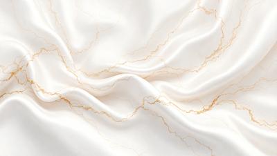 The primary subject of the image is a white sheet of fabric with gold streaks. The setting is a white background, and the visual style is a close-up of the fabric. The colors and mood of the image are predominantly white and gold, creating a sense of elegance and sophistication.