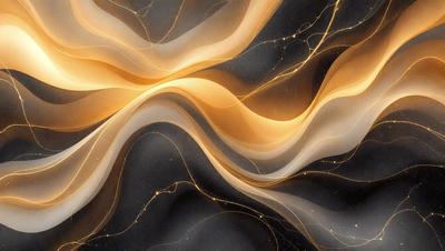 The primary subject of the image is a large, abstract painting featuring a wave-like pattern. The setting is a dark background, which contrasts with the bright colors of the painting. The visual style is a combination of digital art and illustration, creating a unique and captivating piece of art. The dominant colors are yellow, orange, and white, which evoke a sense of warmth and energy. Overall, the painting has a vibrant and dynamic mood.