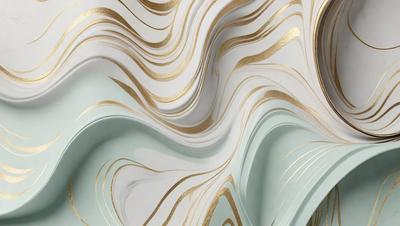 The primary subject of the image is a white and gold wallpaper with a gold and white pattern. The setting is a room with a white wall, and the visual style is a digital art or illustration. The dominant colors are white and gold, creating a luxurious and elegant atmosphere.