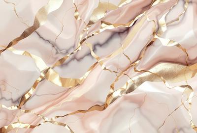 The primary subject of the image is a gold and pink marbled wallpaper. The setting is a wall with a gold and pink marbled pattern. The visual style is a close-up of the wallpaper, showcasing its intricate design. The colors and mood of the image are warm and inviting, with the gold and pink hues creating a luxurious and elegant atmosphere.