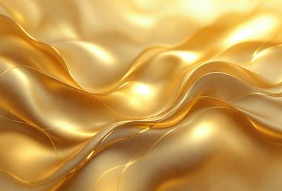 The primary subject of the image is a close-up of a gold-colored fabric, possibly a piece of silk or a gold-colored paper. The setting is a room with a wall, and the visual style appears to be a photo or a digital artwork. The colors and mood of the image are predominantly gold, giving it a warm and luxurious atmosphere.
