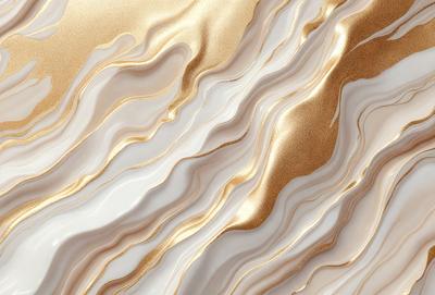 The primary subject of the image is a marble-like pattern with gold and white colors. The setting is a wall, and the visual style appears to be a combination of a photo and digital art. The dominant colors are gold and white, creating a luxurious and elegant atmosphere.