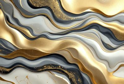 The primary subject of the image is a patterned wall with a gold and black color scheme. The setting is a room with a wall that features a gold and black pattern, giving the space a luxurious and elegant appearance. The visual style of the image is a combination of digital art and illustration, creating a unique and eye-catching design. The colors and mood of the image are predominantly gold and black, which evoke a sense of sophistication and refinement.