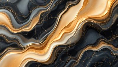 The primary subject of the image is a close-up of a marble-like surface with a pattern of swirls and lines. The setting is a black and gold background, which adds to the visual style. The colors and mood of the image are predominantly black and gold, creating a sophisticated and elegant atmosphere.