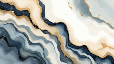 The primary subject of the image is a blue and white marbled wallpaper design. The setting is a white wall, and the visual style is a combination of digital art and illustration. The dominant colors are blue and white, creating a calm and soothing atmosphere.