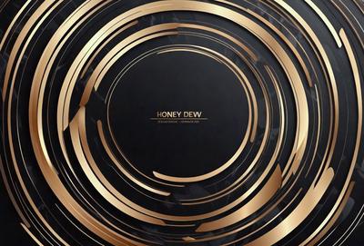 The primary subject of the image is a logo for Honey Dew. The setting is a black background with a gold circle surrounding the logo. The visual style is a combination of digital art and illustration, creating a modern and sophisticated appearance. The dominant colors are gold and black, giving the logo a sleek and professional look.